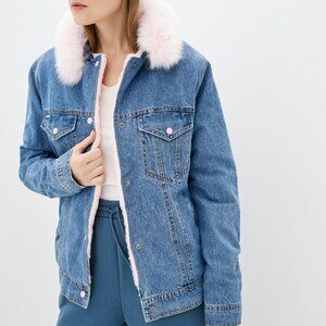 NWT DASTI Women's Sherpa Trucker Collar Jacket – Blue Denim & Pink Sherpa